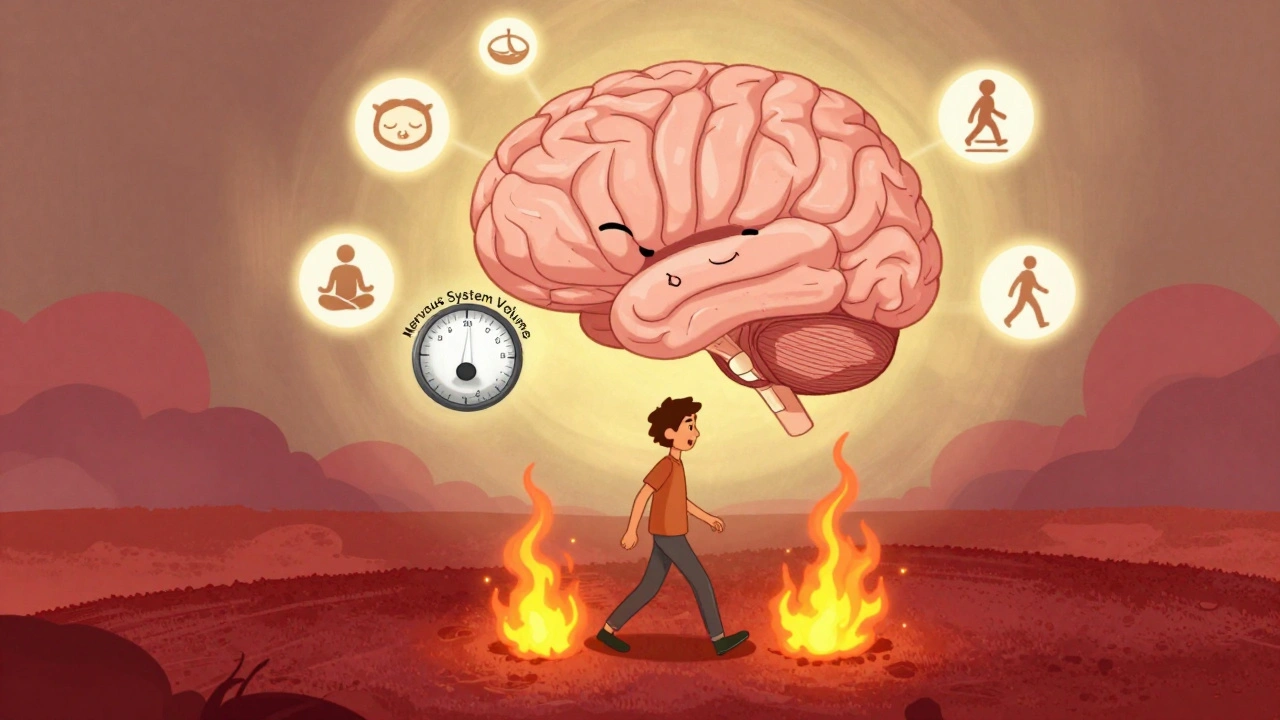A person walks on a carpet that explodes with pain, while a calm brain turns down a volume dial above them.