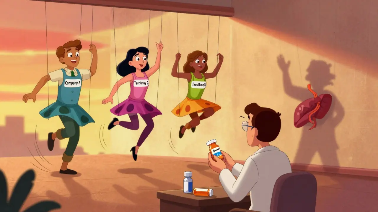 A pharmacist giving a transplant medication to a patient, while three different generic versions dance behind them.