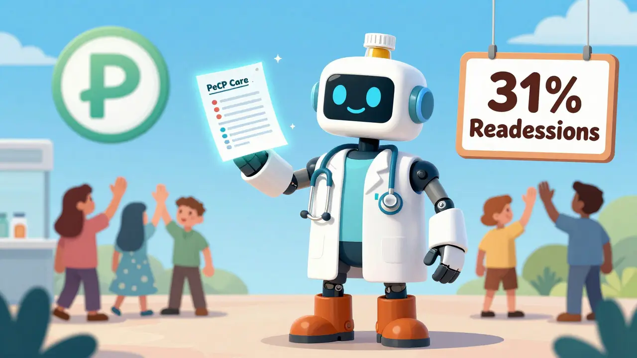 A pharmacist stands with a robot made of medical items, handing a care plan into a digital portal while patients celebrate nearby.