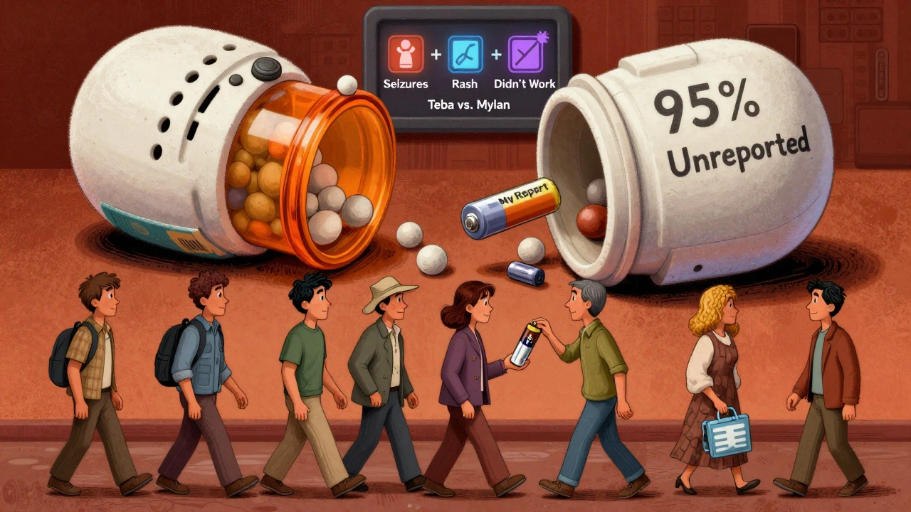 A pill-shaped smoke alarm with a missing battery labeled '95% Unreported', while one person inserts a new battery labeled 'My Report'.