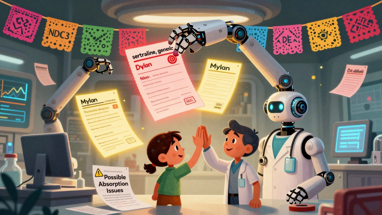A robot sorts drug reports in a futuristic FDA lab, with glowing labels for generic manufacturers and a printed safety warning.