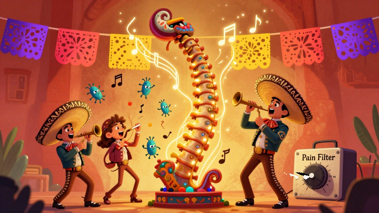 A spine shaped like folk art pulses with musical pain signals, while tiny chemical figures dance wildly around it.