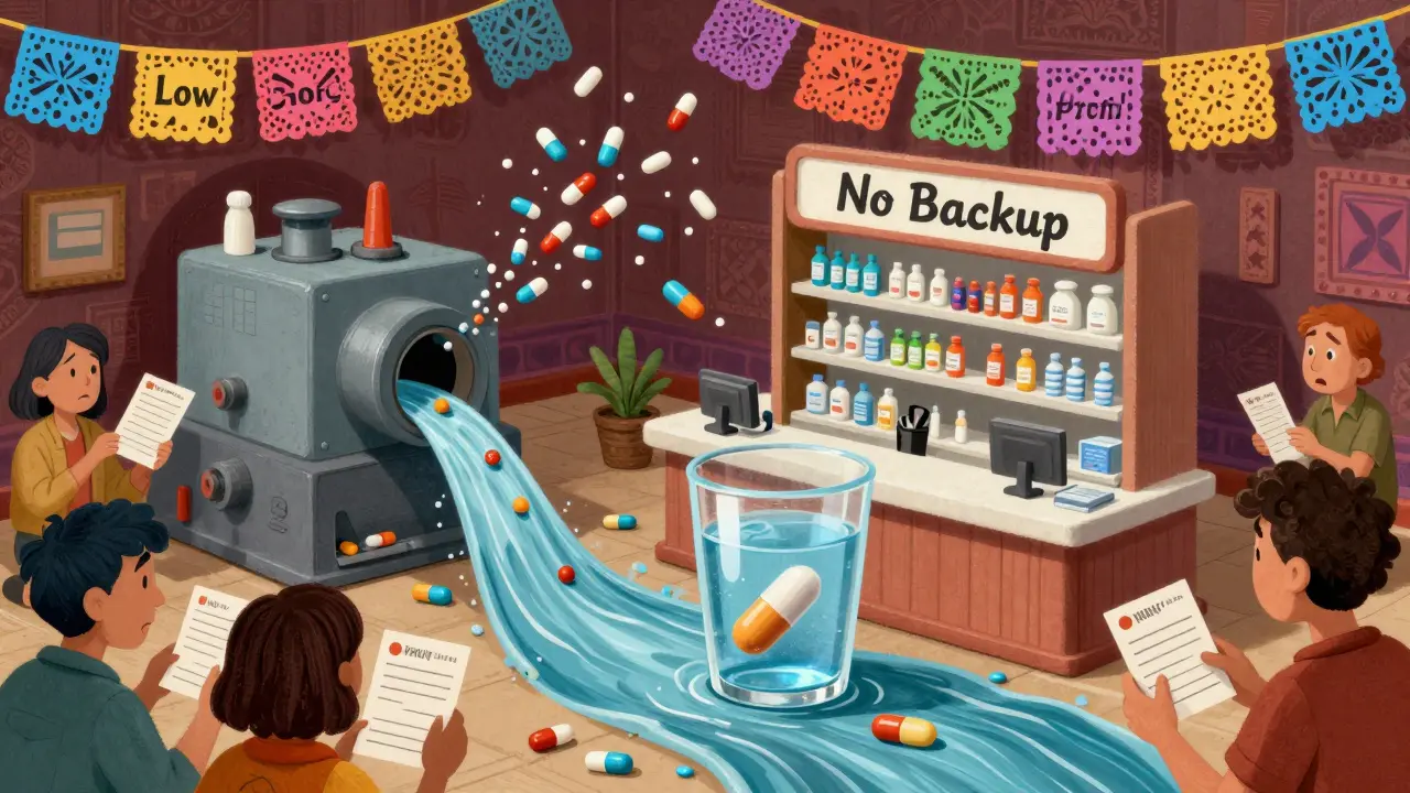 A surreal supply chain showing pills flowing from India to the U.S., with a single pill floating in water, in Mexican animation style.