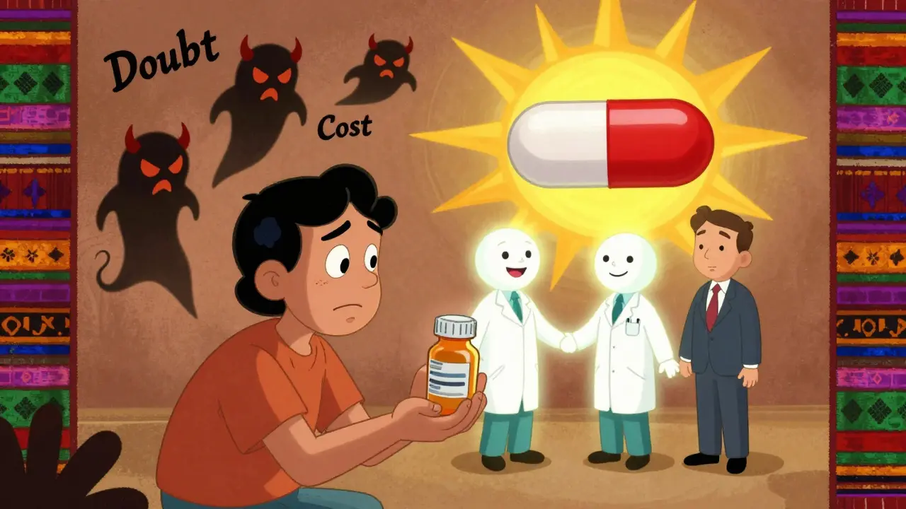 A worried patient sees fears vanish as pharmacist, doctor, and FDA inspector form a protective circle around a pill bottle, with a rising sun shaped like a capsule.