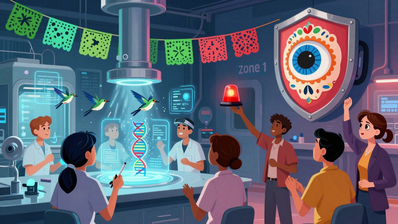 AI sensors like hummingbirds scan a cleanroom, holographic DNA identifies pathogens, workers celebrate with banners.