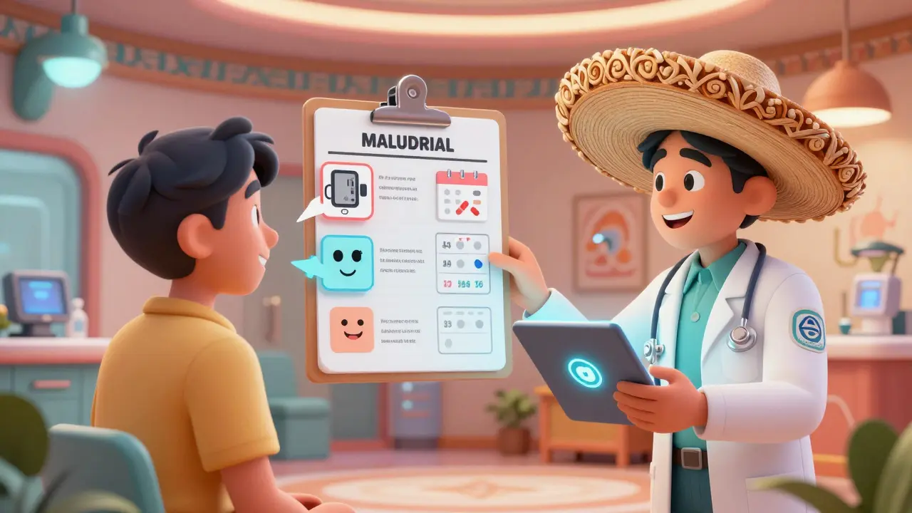 An AI transforms medical jargon into simple spoken advice with friendly animated symbols.