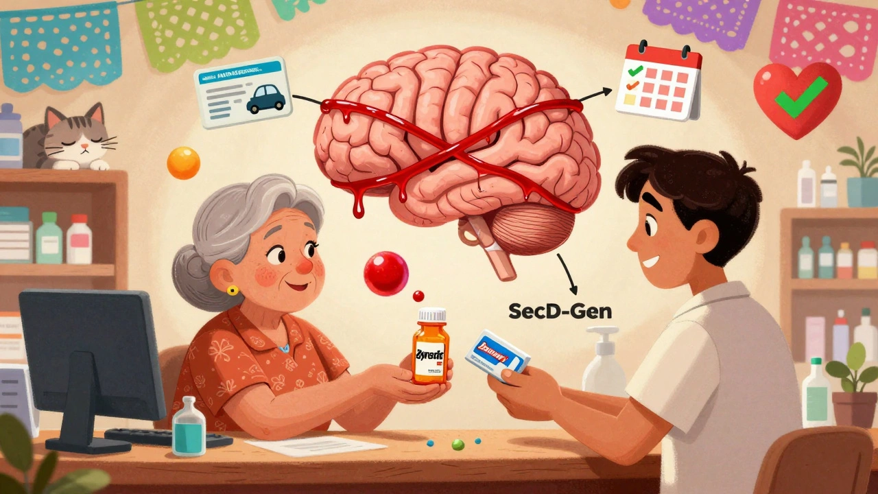 An elderly woman declining Benadryl at a pharmacy counter as a younger person receives Zyrtec, with a brain flowchart and cultural icons in the background.