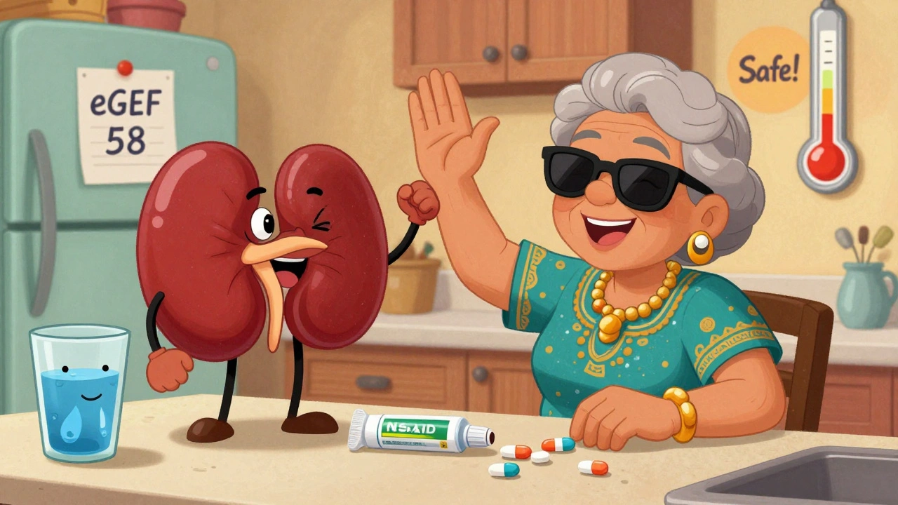 An elderly woman safely replacing NSAIDs with kidney-friendly alternatives in a cheerful Mexican animation setting.
