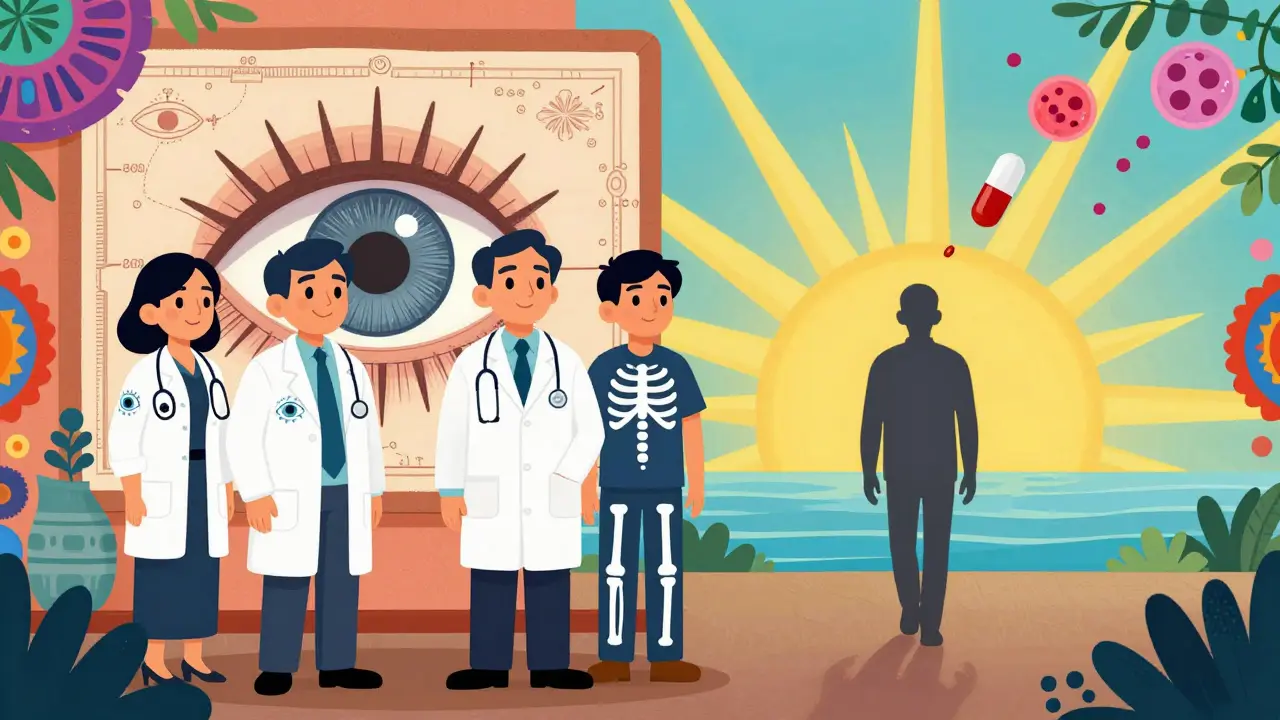 An ophthalmologist and rheumatologist guiding a patient away from steroid dependence toward healing light.