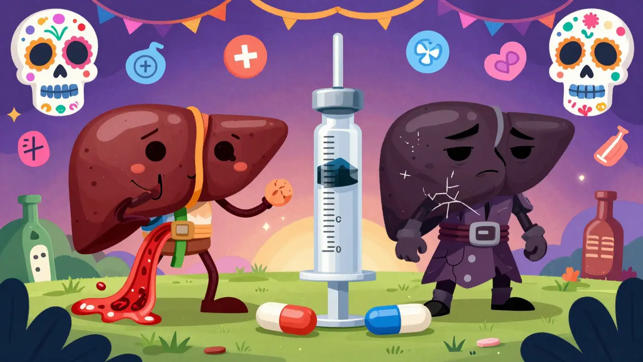 Anticoagulant medications as heroes treating cirrhotic and healthy livers in a vibrant Mexican-inspired scene.