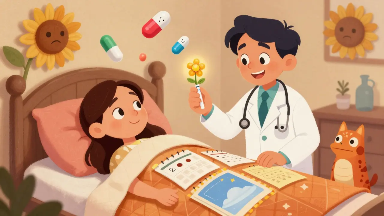Doctor holding a Mirena IUS like a flower, patient in bed with calendar pages showing spotting and clarity.