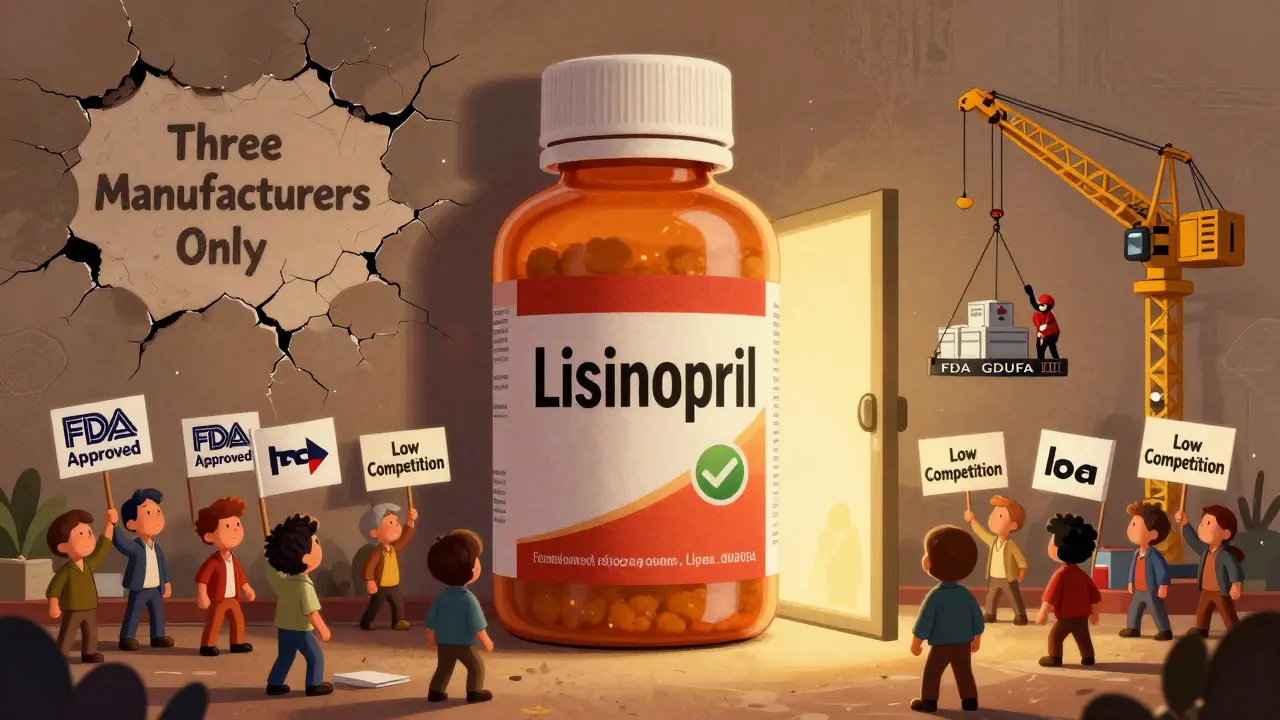 Generic drug bottle with tiny people inside, new manufacturers arriving as heroes, cracked wall labeled 'Low Competition'.