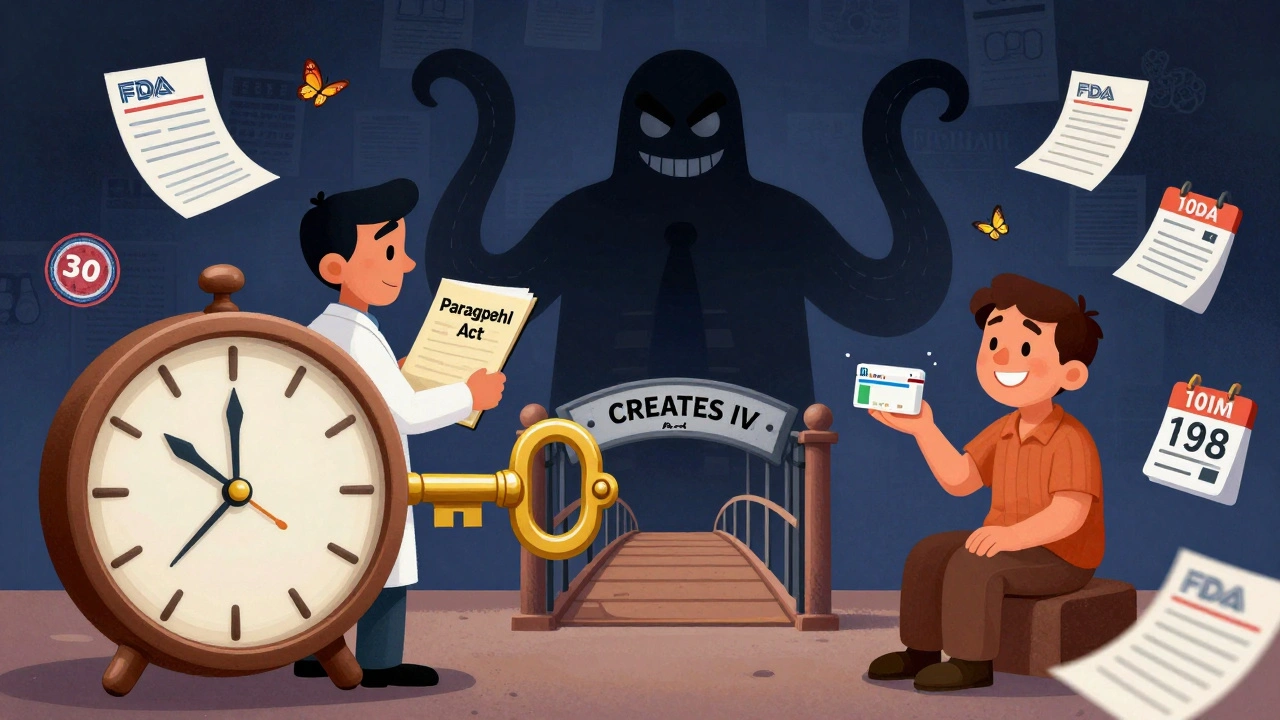 Generic drug developer facing off against patent tentacles, with a clock ticking and a golden key unlocking a path to a smiling patient.