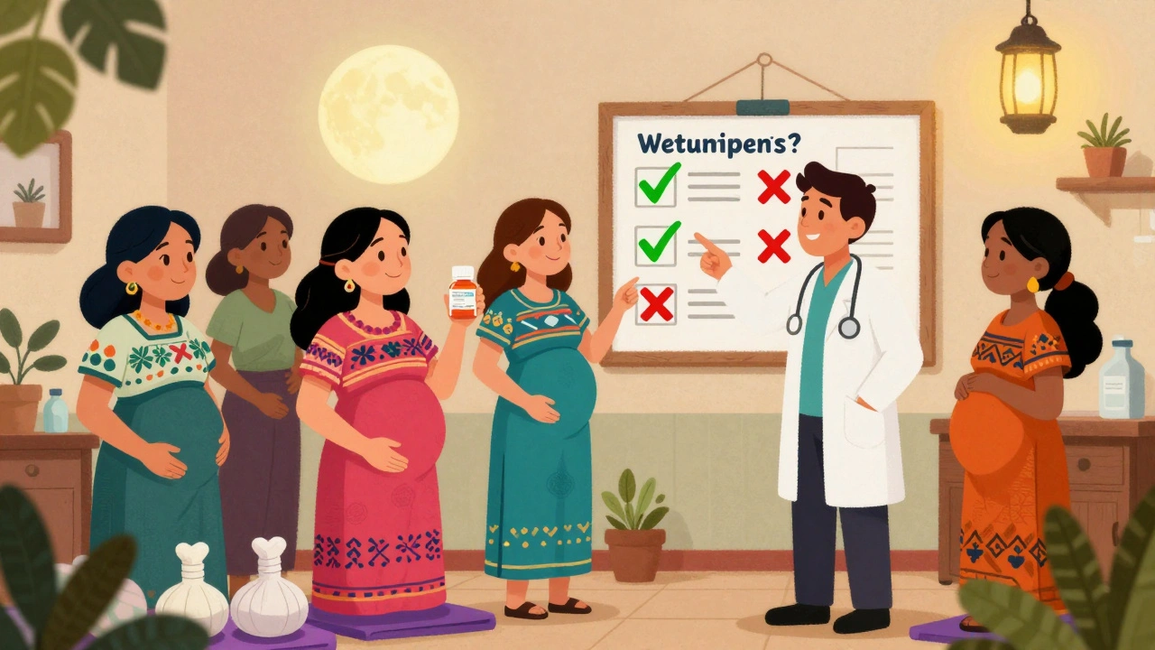 Group of pregnant women in a clinic with natural remedies and a safe meds chart under warm lantern light.