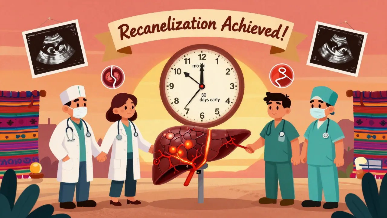 Medical team rebuilding a liver with flowing blood vessels, clock reversing time, and folk art elements.