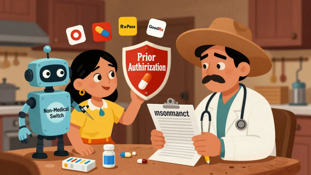 Patient and doctor resisting a switch from brand to generic pill, holding a shield labeled 'Prior Authorization'.