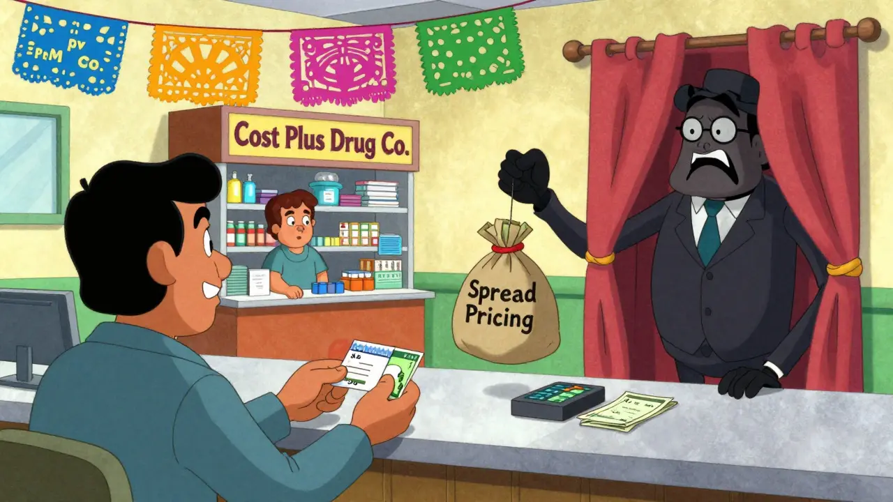 Patient paying  with insurance vs. .99 cash at pharmacy, with shadowy PBM hiding behind curtain holding money.