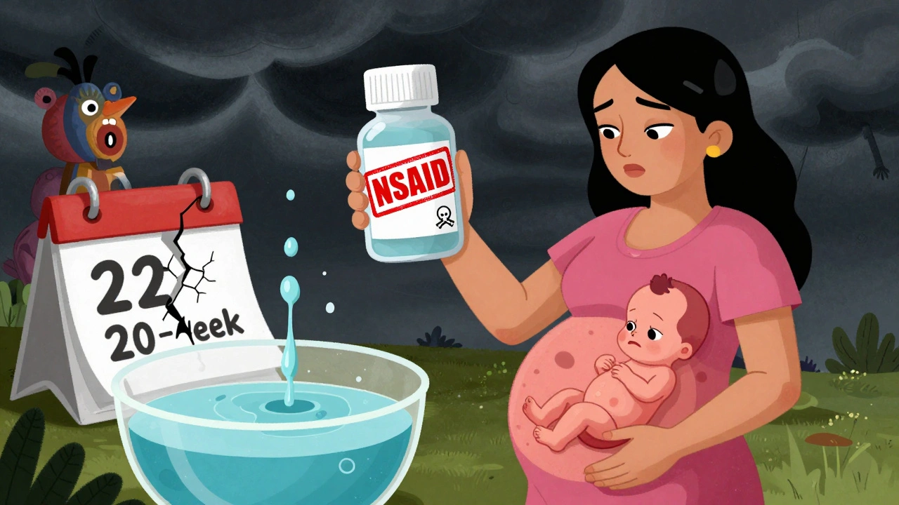 Pregnant woman holding NSAID medicine with a warning symbol and a fetus beside draining amniotic fluid.