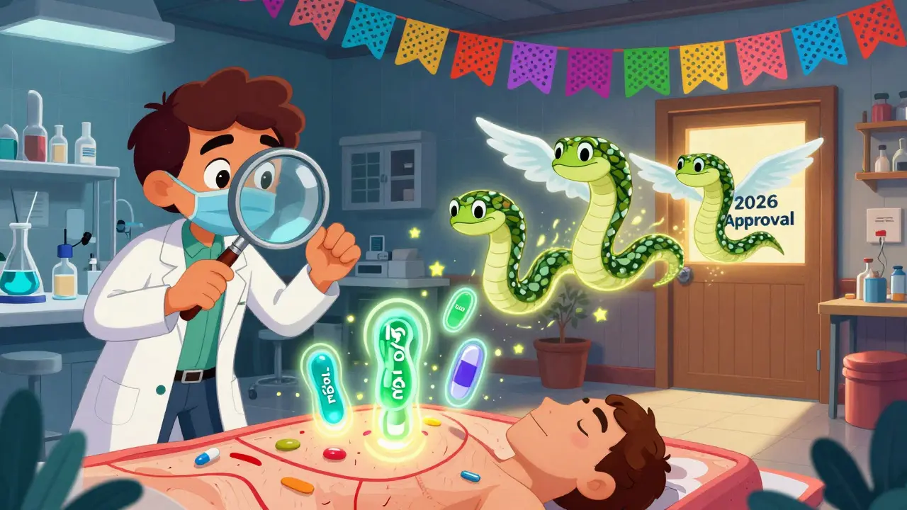 Scientists in a magical lab market identifying glowing autoantibodies, while new drugs fly as winged serpents toward a 2026 door.