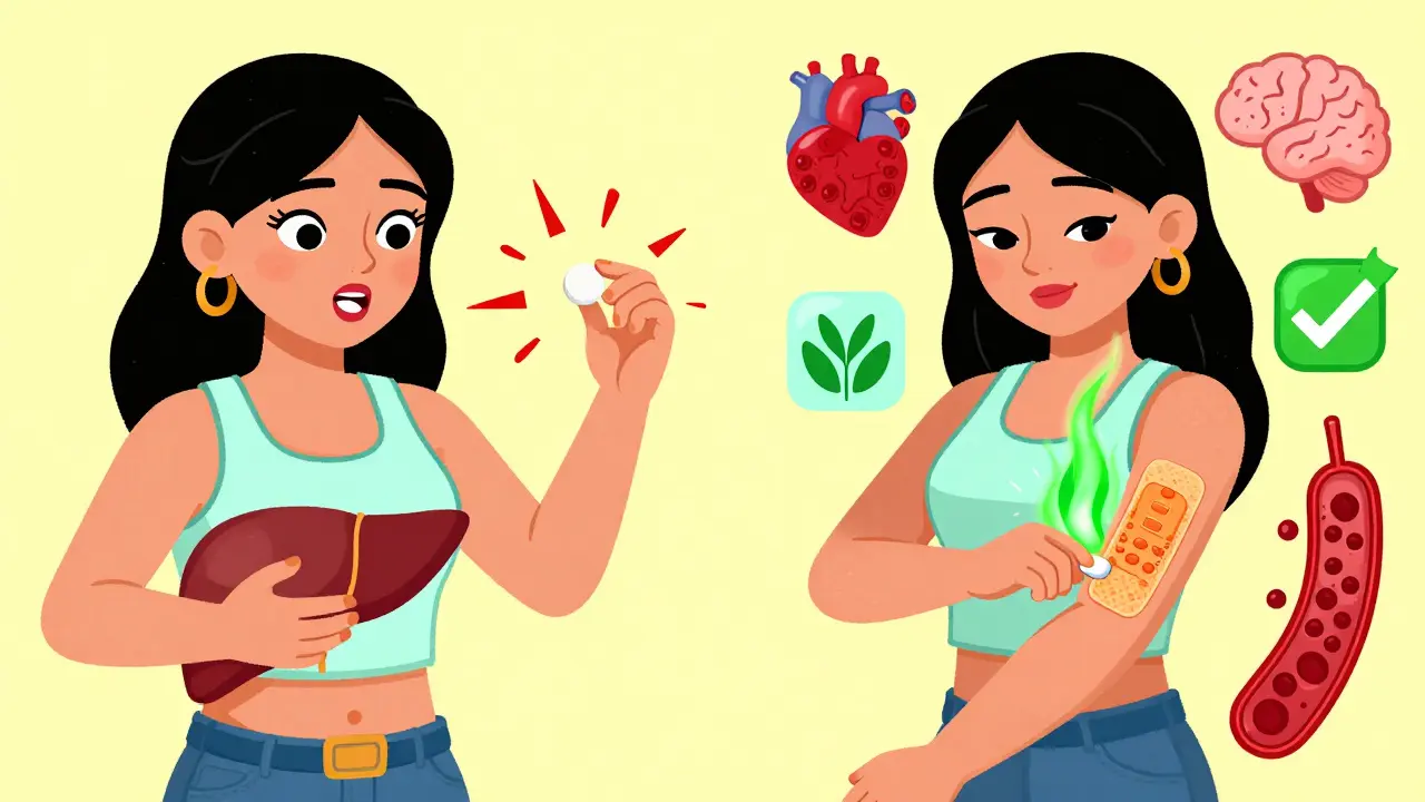Split illustration comparing oral pills with warning sparks to a transdermal patch with safe energy flow.