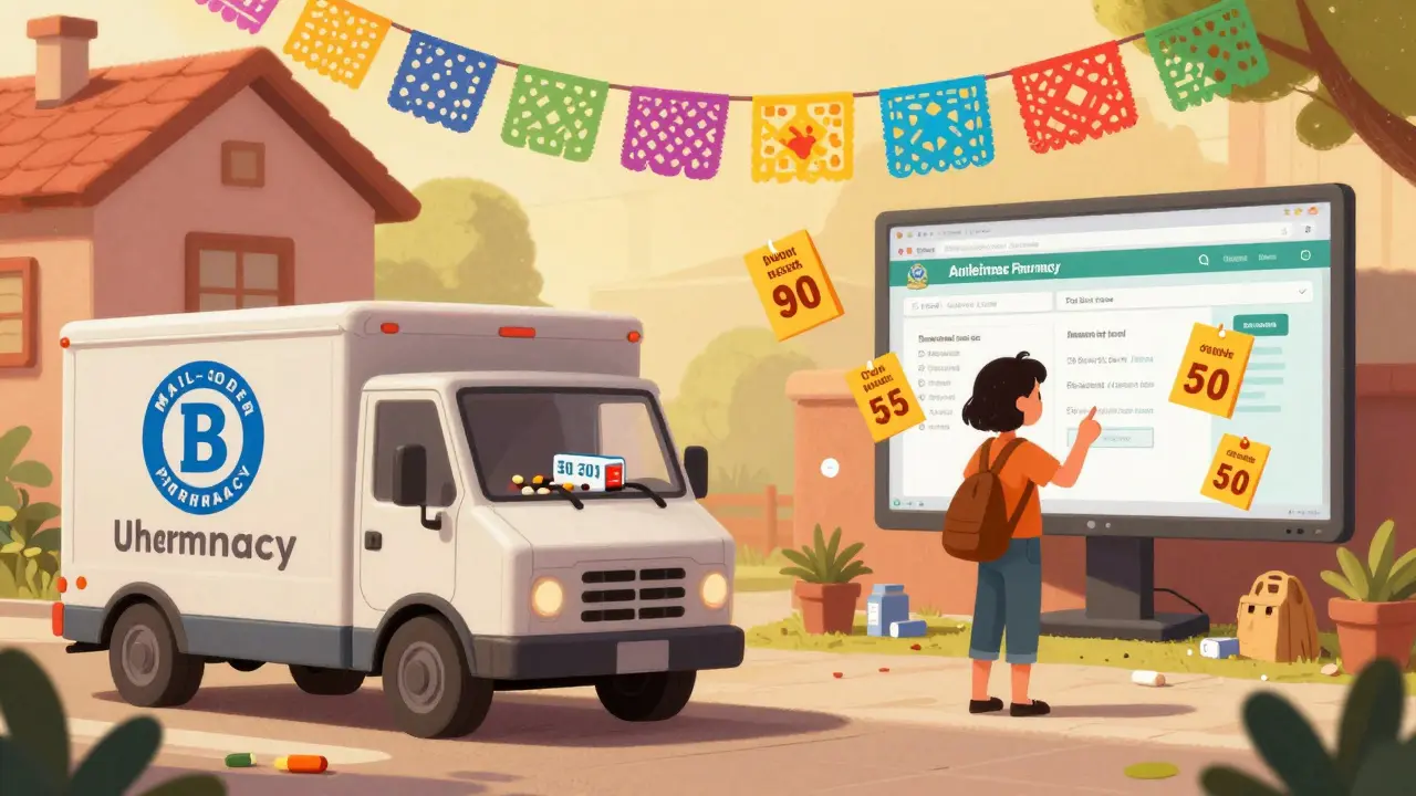 Split scene: mail-order delivery vs chaotic online pharmacy, with papel picado banners and golden lighting.