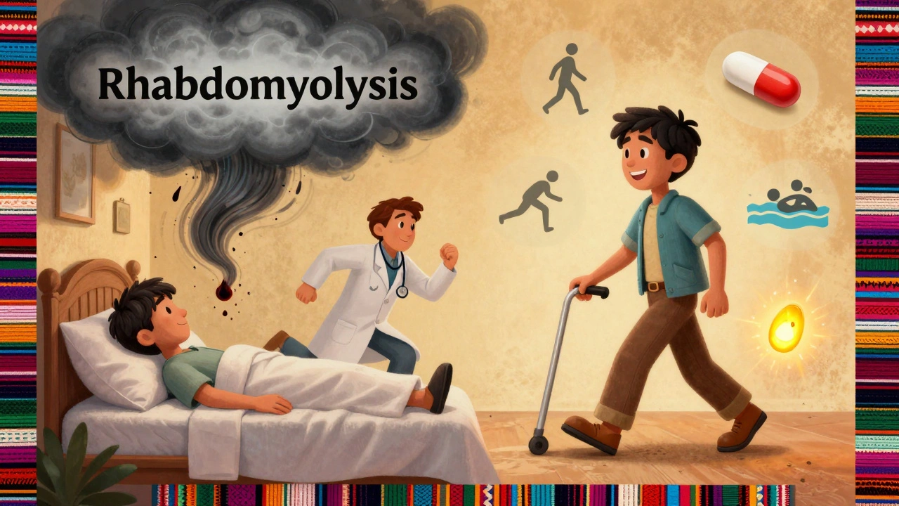 Split scene showing dangerous muscle damage on one side and healthy movement with pravastatin on the other, in joyful Mexican cartoon illustration.