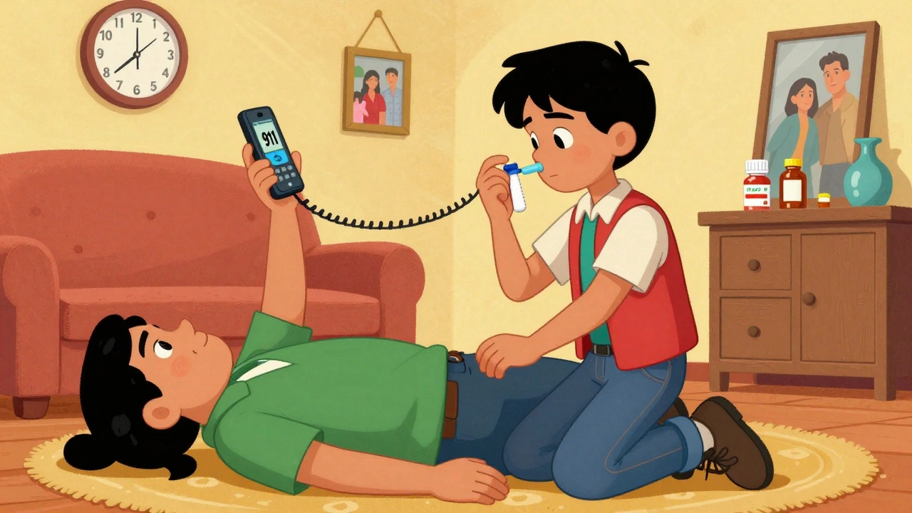 Teenager giving naloxone to unresponsive adult while calling 911.