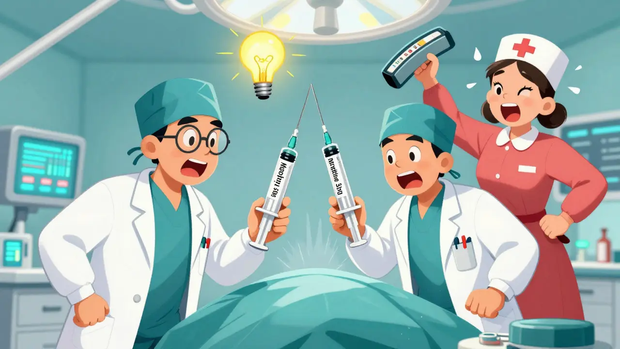 Two doctors argue over mislabeled syringes in a lively operating room, while a nurse uses a label maker to fix the mistake.