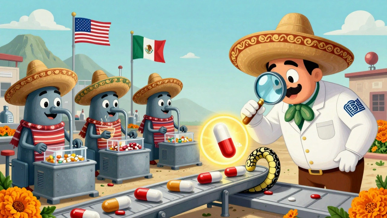 Whimsical factory machines in traditional attire inspecting glowing pills on a conveyor belt shaped like a snake.