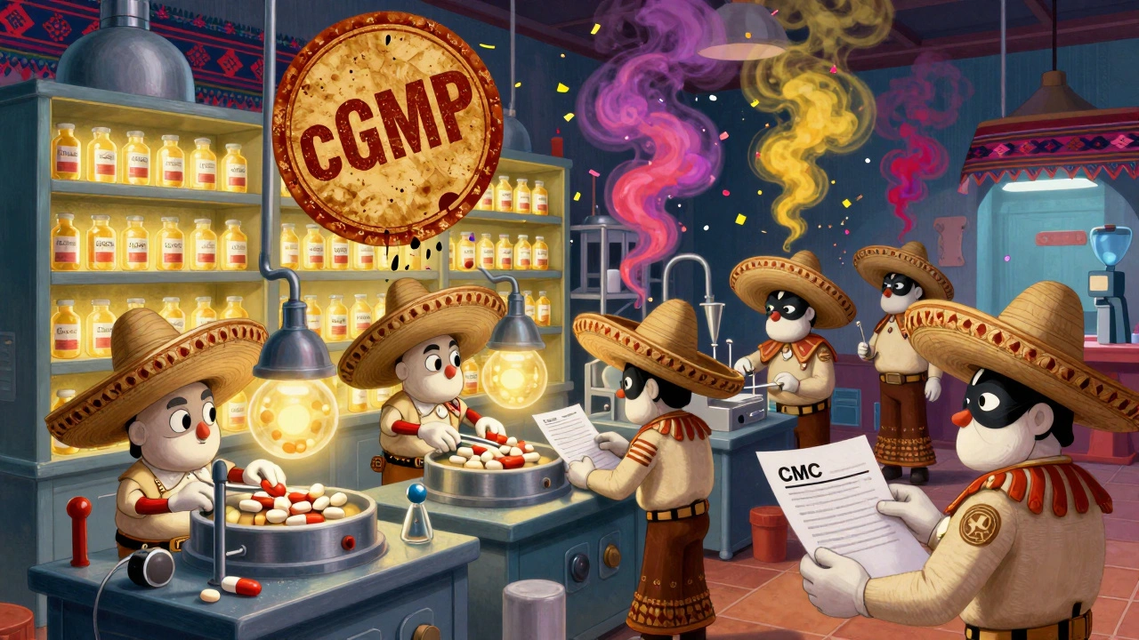 Whimsical factory with sombrero-wearing pill machines and luchador inspectors checking drug documentation under glowing stability lights.