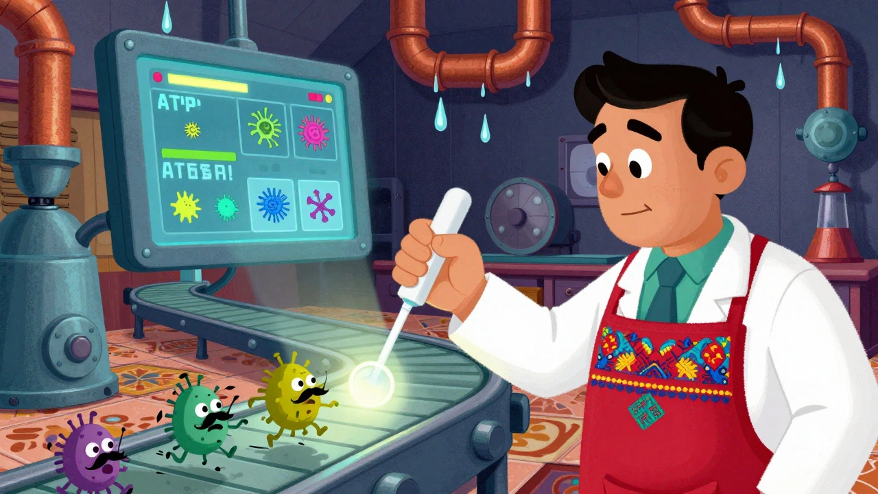 Worker testing a conveyor belt with a glowing swab, animated bacteria fleeing, digital dashboard above.