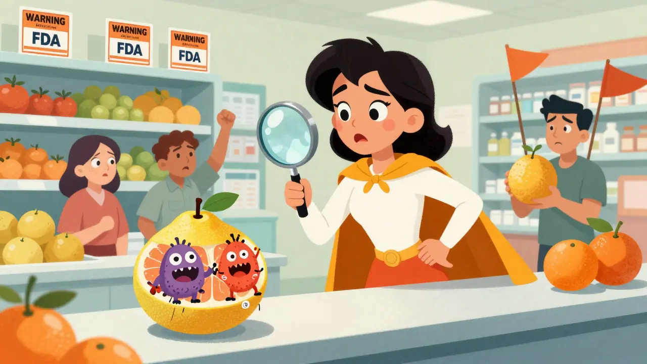 A citrus-themed superheroine exposing hidden dangers in fruit labels while safe oranges cheer nearby.
