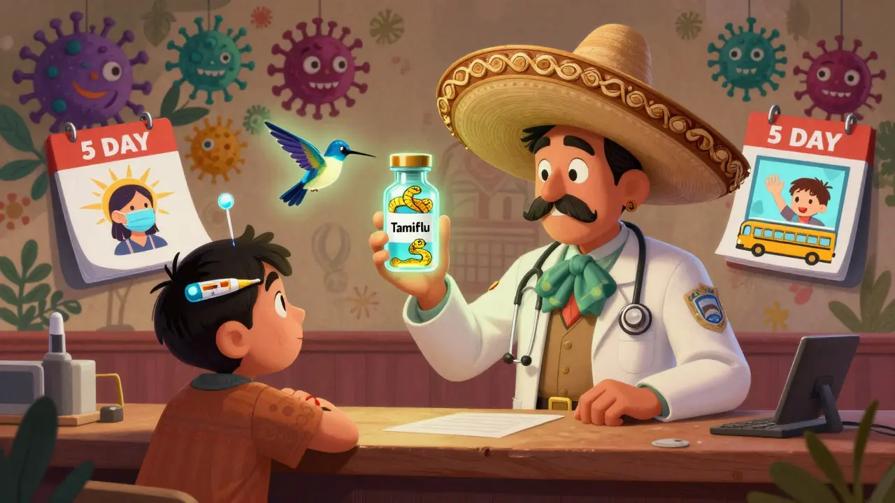 A doctor holds two glowing antiviral vials as a patient with a thermometer head stands nearby, surrounded by isolation calendars.