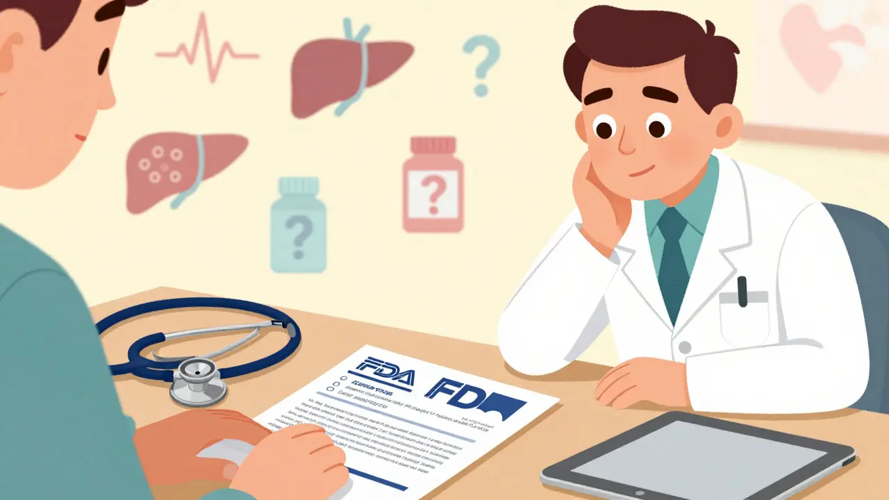 A doctor reads a printed FDA alert on their desk beside medical tools, looking thoughtful.