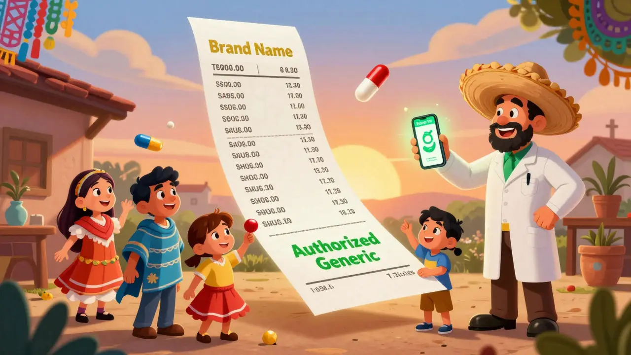 A family holding a receipt as a price graph plummets from brand name to authorized generic, with dancing pills in serapes and a glowing GoodRx app.