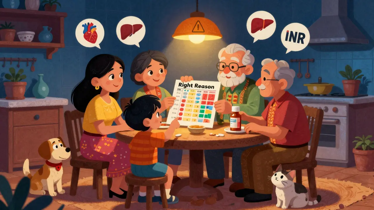 A family reviews medication labels at home, with an elderly person holding blood thinner and floating health icons.