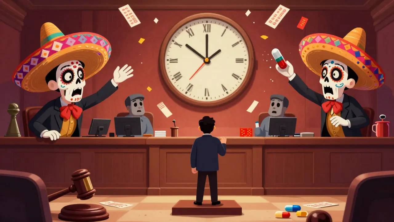 A giant 180-day clock above a generic drug company as a brand company drops an authorized generic pill from above, surrounded by falling price tags.