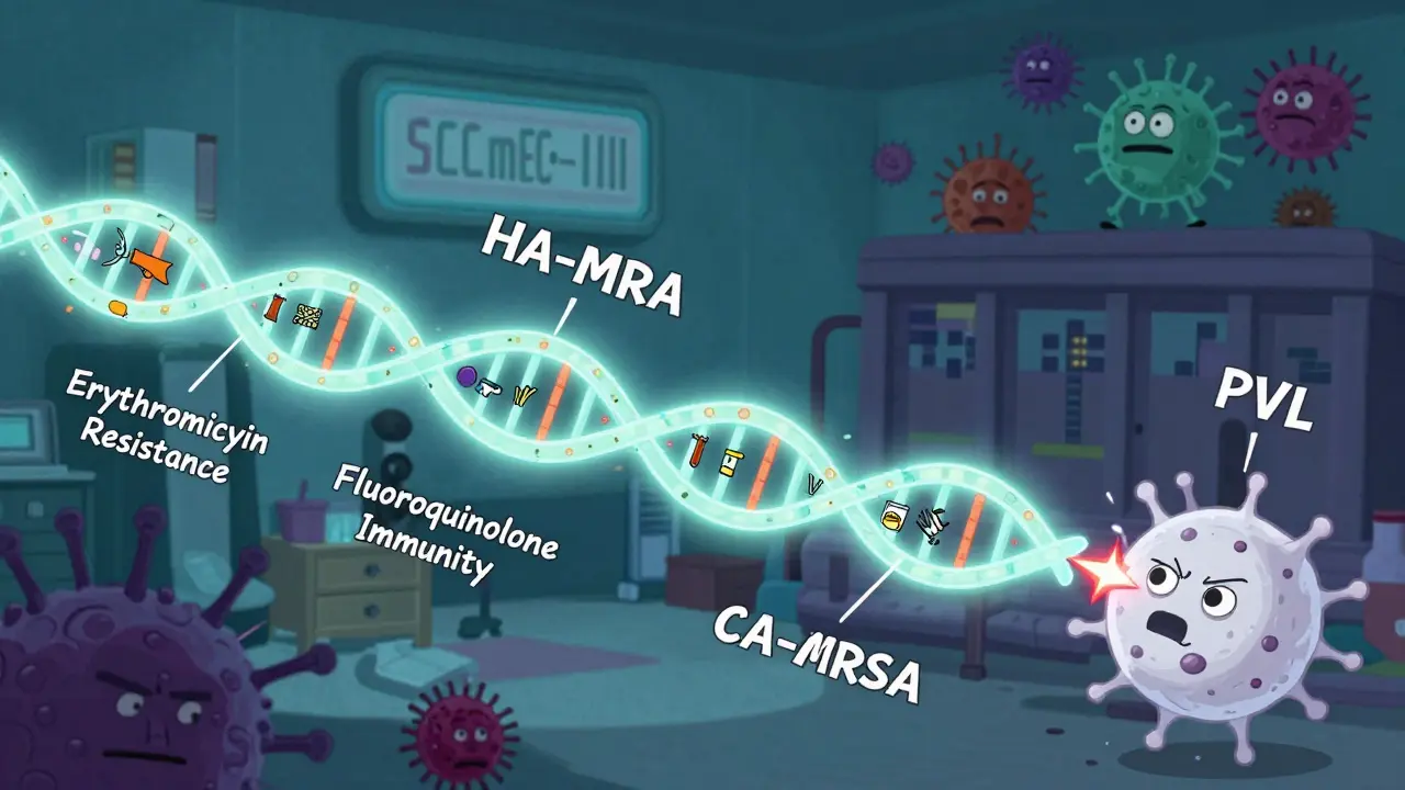 A glowing DNA strand splits into two bacterial types, one heavily armored, the other armed with a toxin spike.