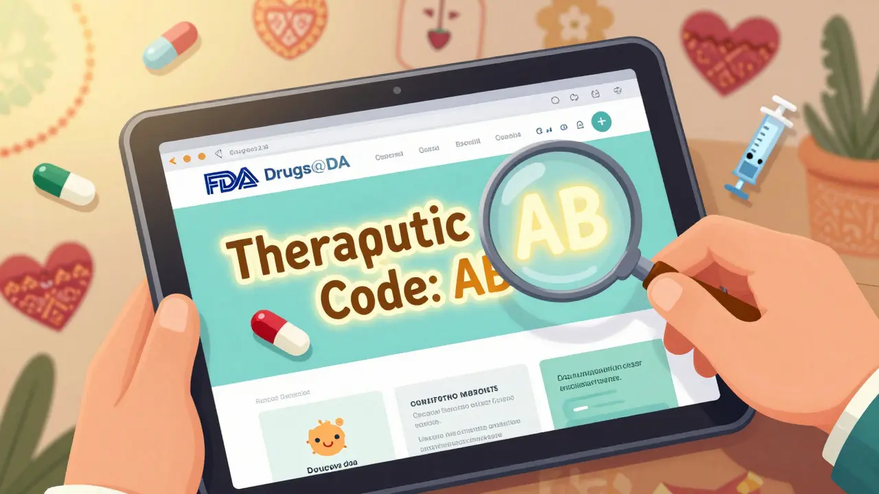 A hand viewing the FDA website on a tablet, with glowing 'AB' code and cartoon pills around it.