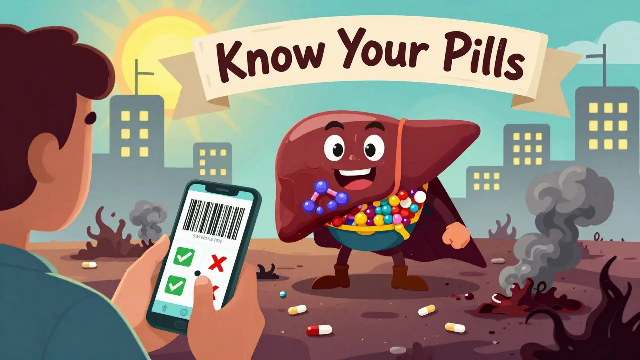 A heroic liver superhero fights toxic smoke while a person scans pills with a phone app, green checks and red Xs appear, symbolizing safe and dangerous combos.