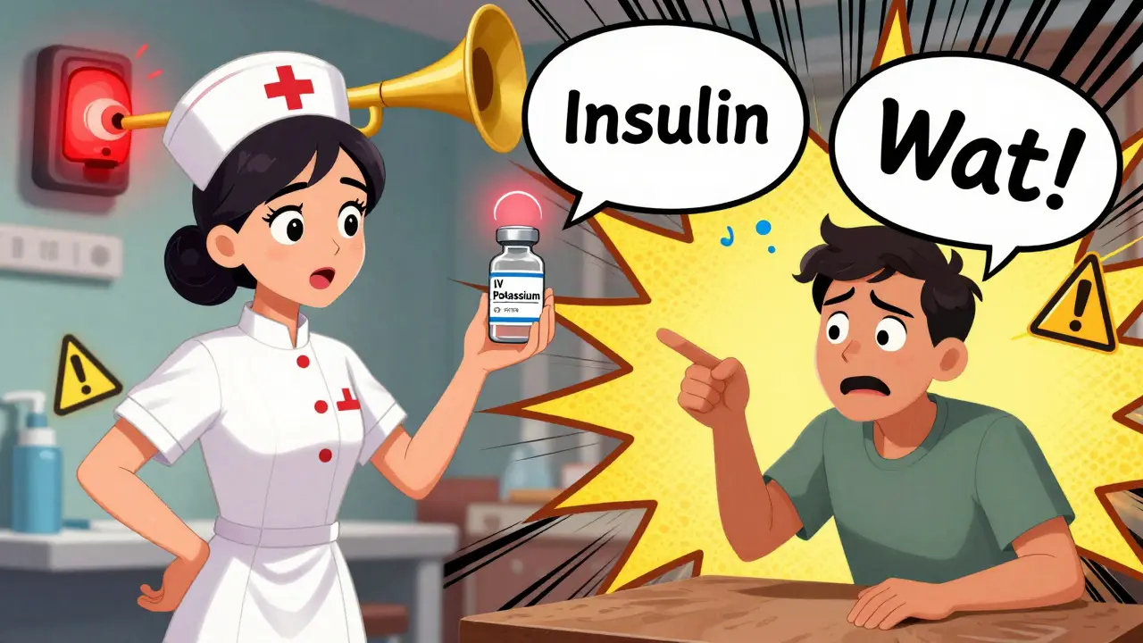 A nurse almost gives the wrong IV medication, but a patient stops them with a glowing warning alarm.