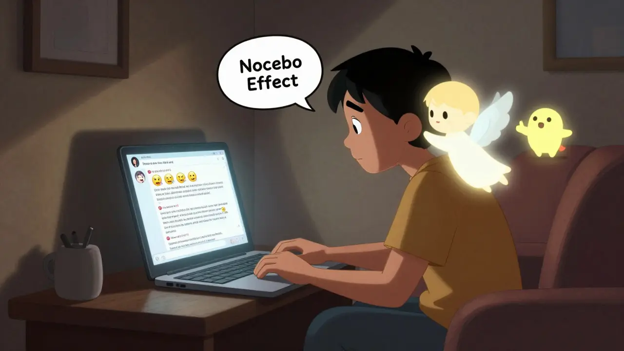 A patient on a couch overwhelmed by negative online reviews, with a nocebo spirit whispering doubts.