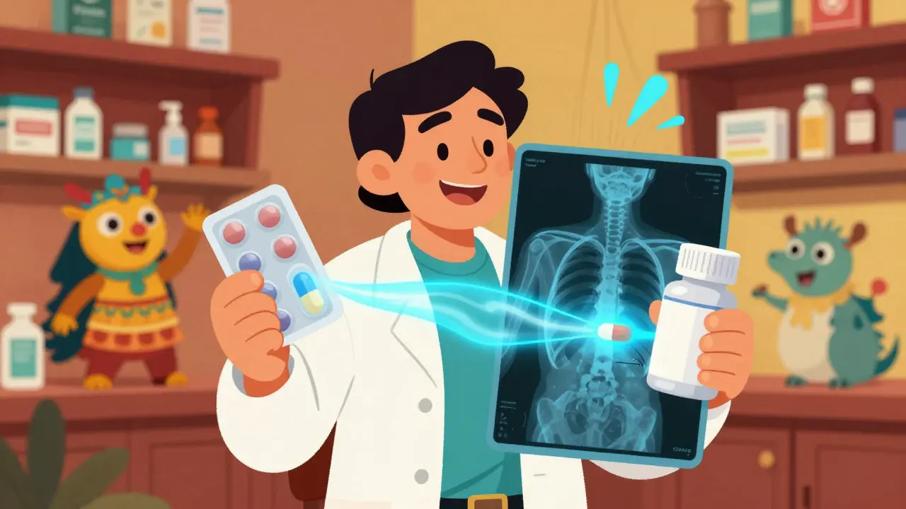 A pharmacist holds two identical pills, with X-ray showing equal effect in the body, surrounded by cheering alebrije creatures.