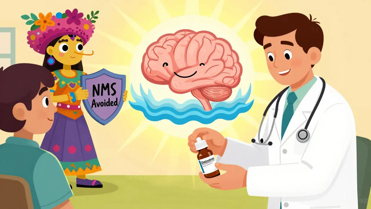 A pharmacist replacing a dangerous pill with a safe one, surrounded by healing alebrijes in colorful Mexican animation style.