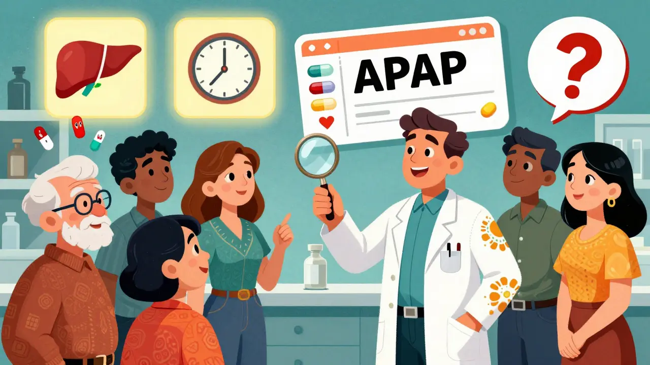 A pharmacist shows diverse patients hidden acetaminophen ingredients on medication labels using a magnifying glass, with animated warnings in the background.