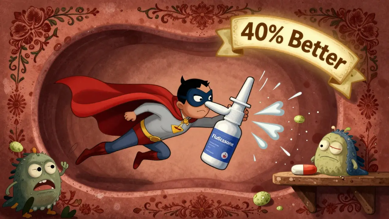 A superhero nasal spray flies through a cartoon nose, defeating allergy monsters with anti-inflammatory sparks.