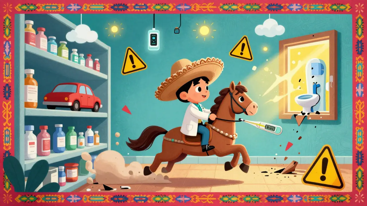 A tiny hero on a thermometer riding across a shelf, saving meds from bad storage spots.