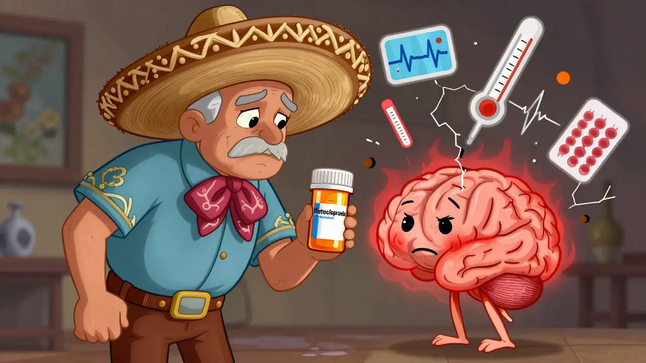 An elderly person facing a looming antipsychotic drug, with a feverish, stiff-brain illustration in vibrant folk style.