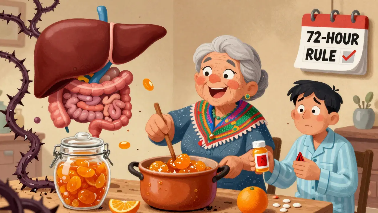 An elderly woman making marmalade as dark vines destroy a glowing enzyme system, with a calendar showing three days.