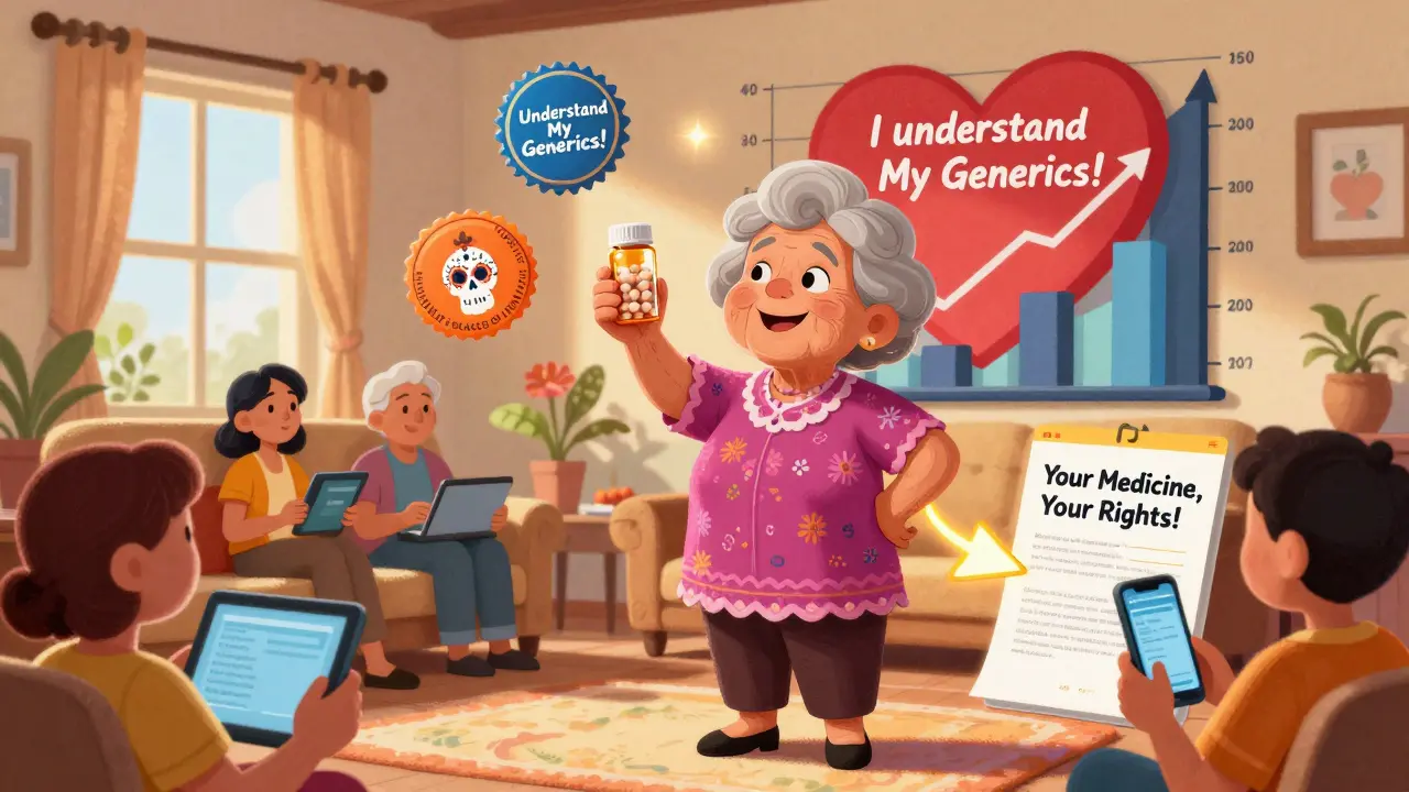 An elderly woman proudly holds her pill bottle as digital badges and a PDF link float around her, surrounded by family watching on devices.